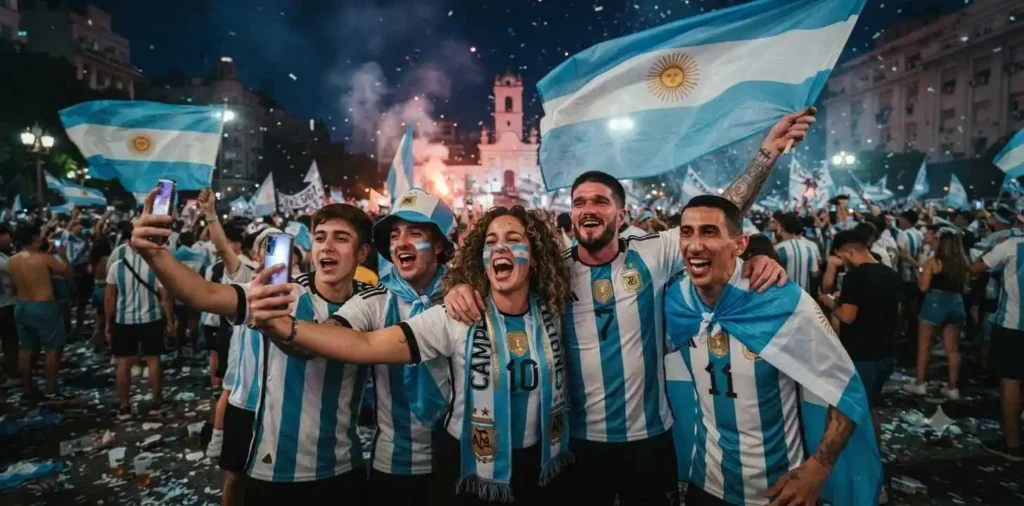 Fans celebrating with Argentina flags after victory