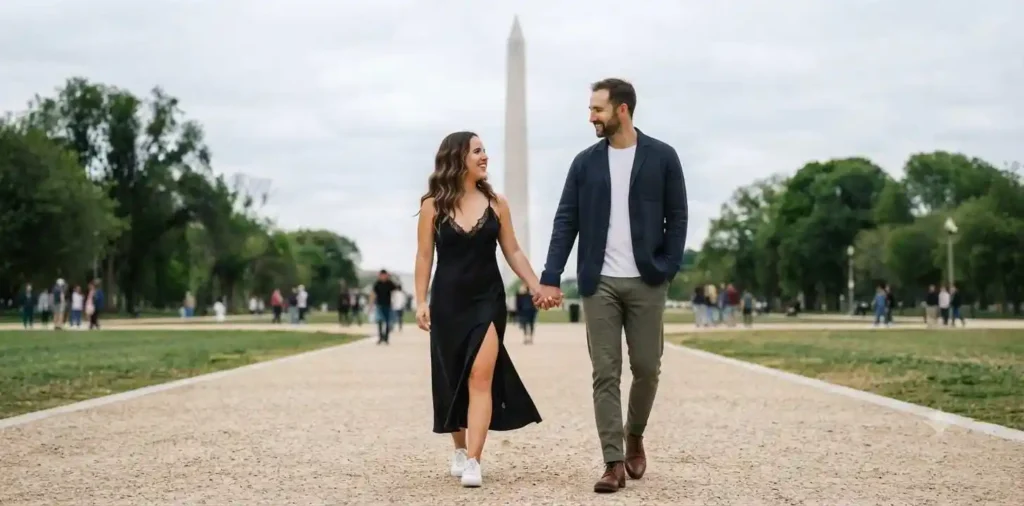 Couple walking beside the Washington Monument