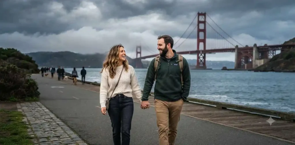 Couple walking beside the Golden Gate Bridge