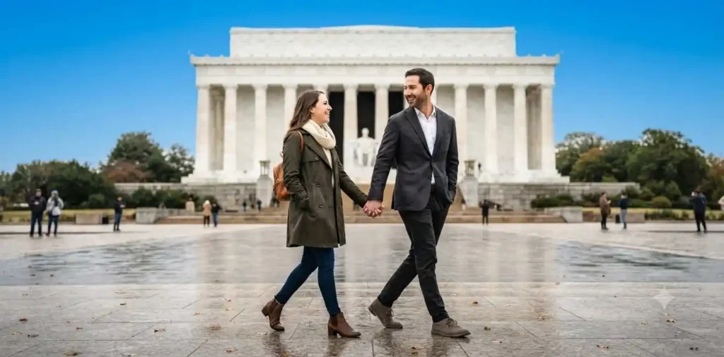 Couple walking together near the Lincoln Memorial