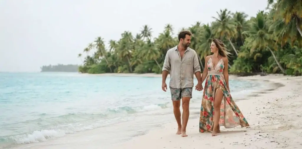 Couple walking along a quiet tropical shoreline
