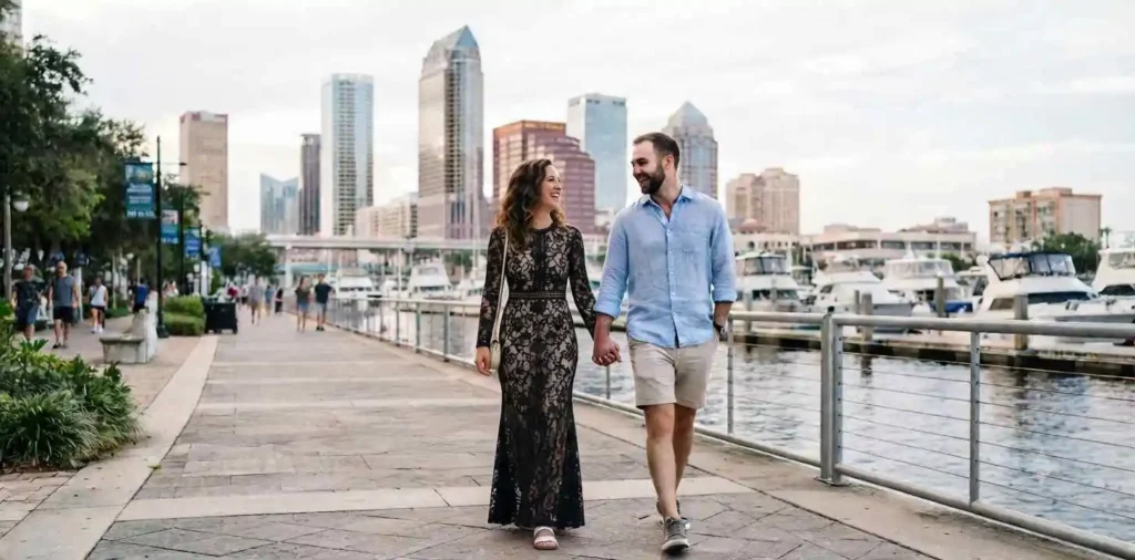 Couple enjoying a walk by the Tampa waterfront