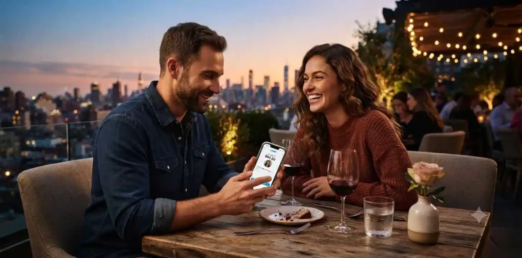 Couple smiling after paying for dinner