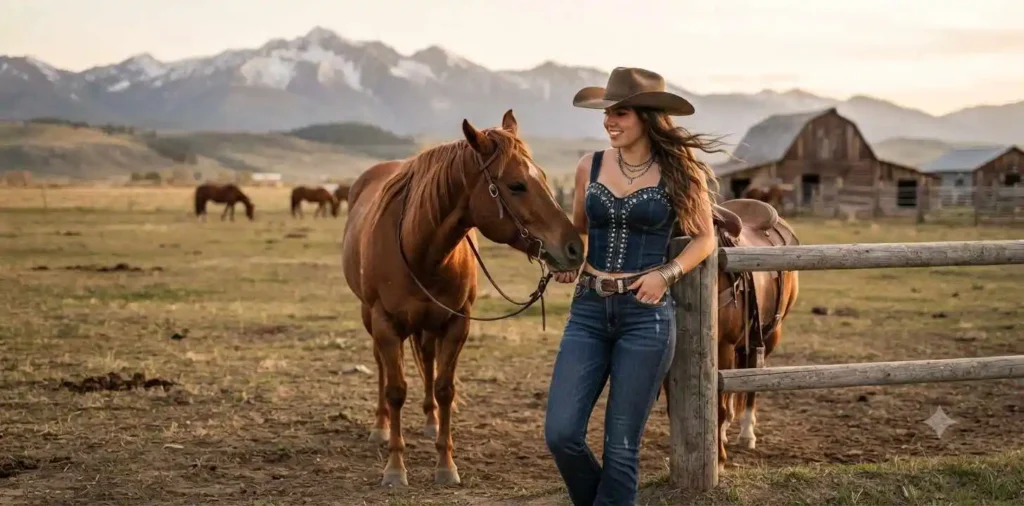 Cowgirl standing beside her horse