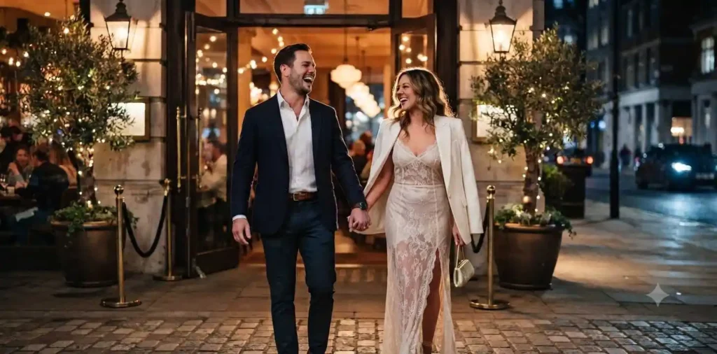 Elegant couple walking into a restaurant