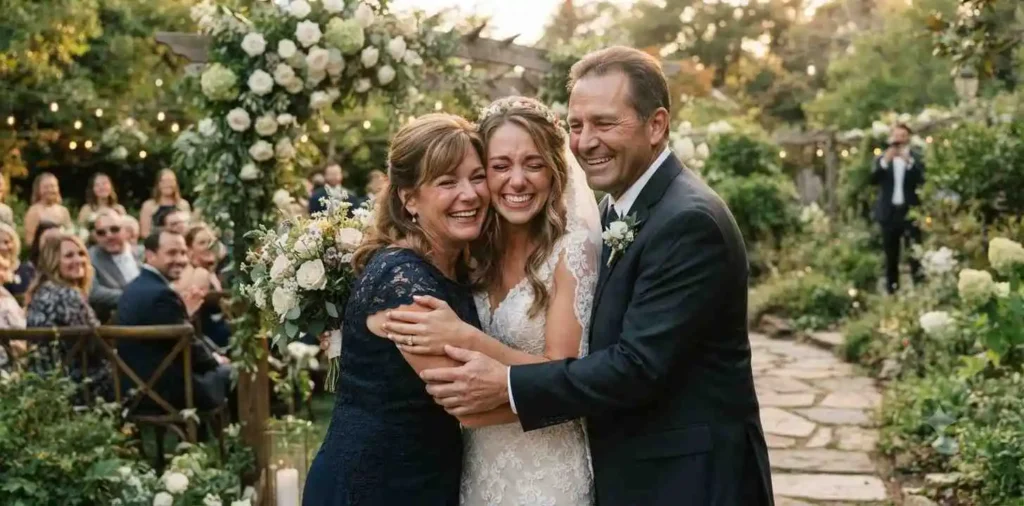 Bride hugging her parents at wedding