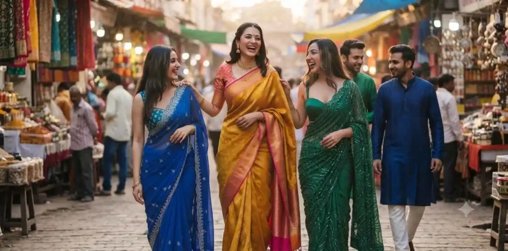Friends celebrating together in colorful traditional outfits