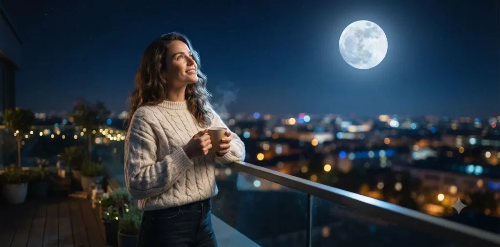 Woman watching the moon from a cozy balcony