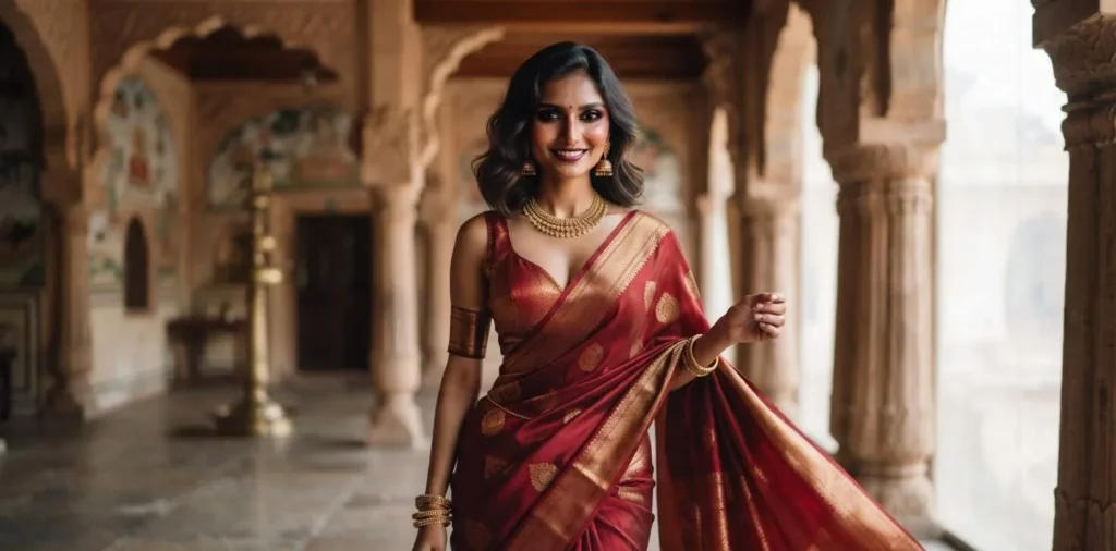 Woman gracefully posing in a silk saree