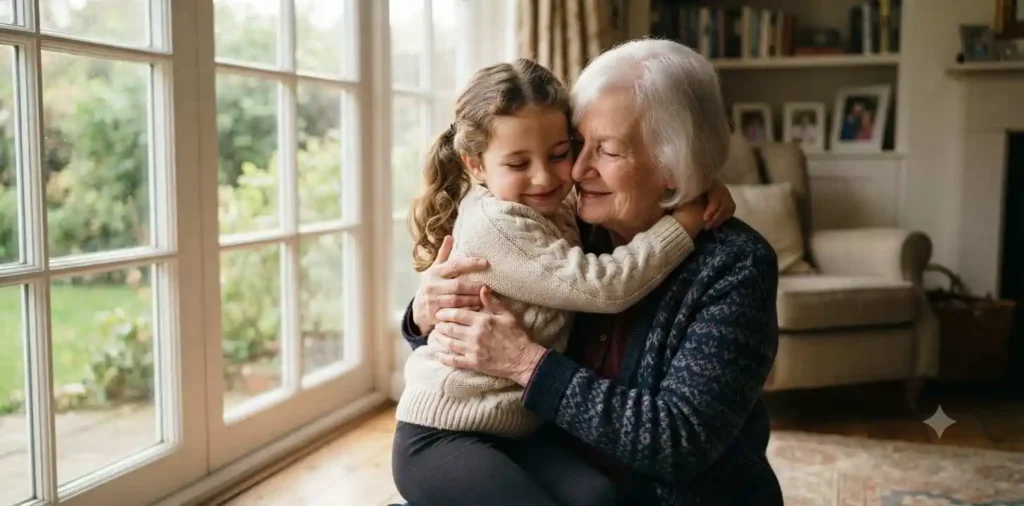 Child hugging grandparent inside a cozy home