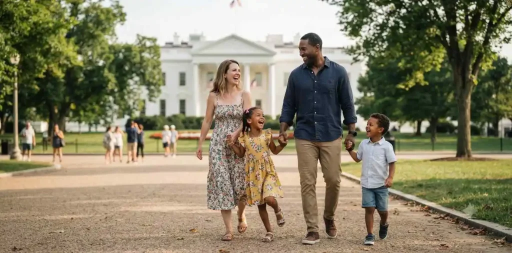 Family posing together outside the White House
