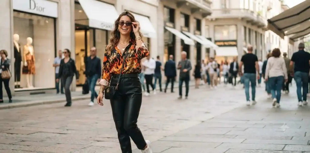 Fashionable woman posing on a stylish city street