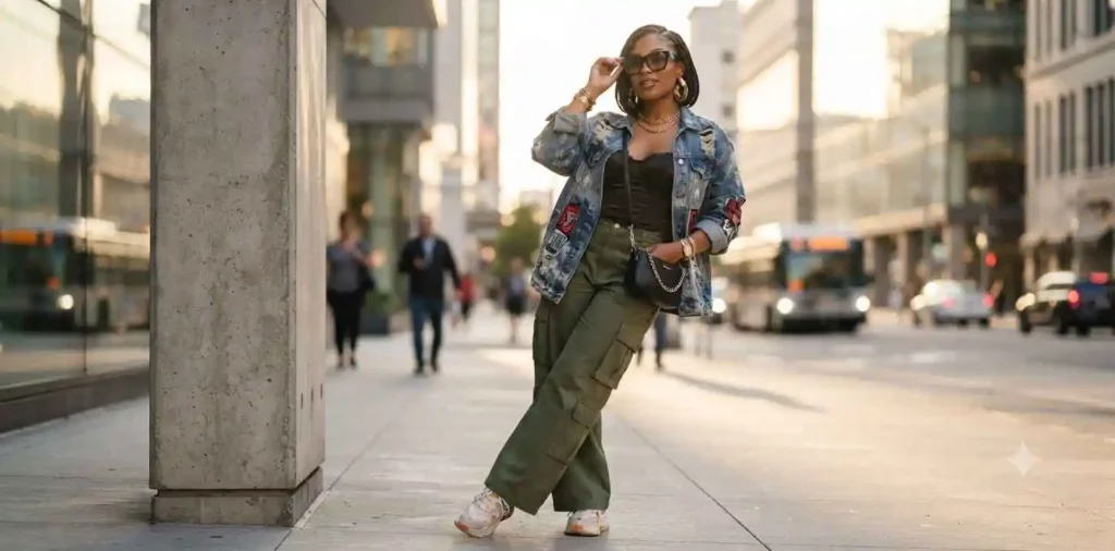 Stylish model posing confidently in urban streetwear outfit
