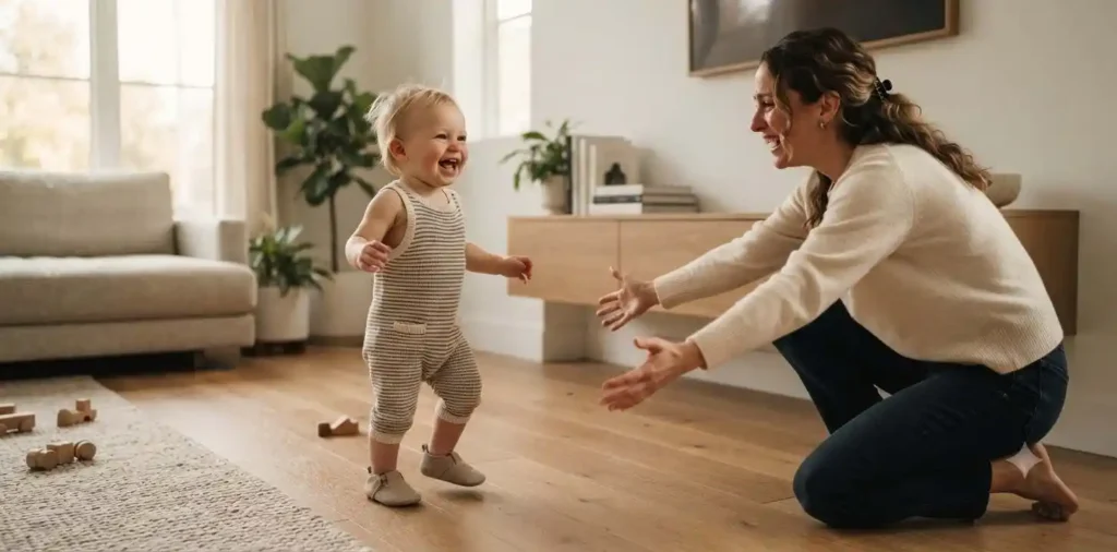 Toddler taking first steps toward proud parent