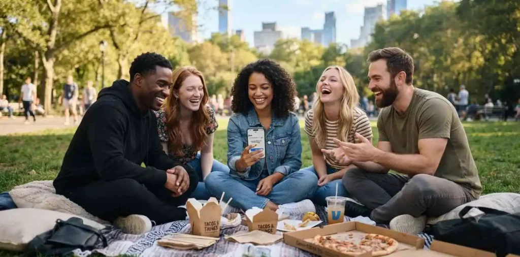 Friends laughing while sharing a payment