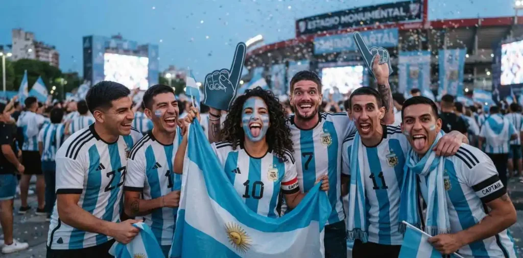 Friends laughing while cheering for Argentina
