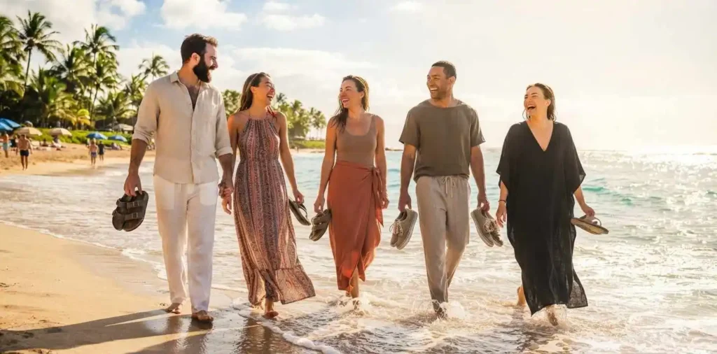 Friends relaxing on a sunny tropical beach