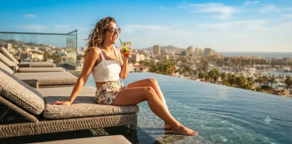 Traveler enjoying a sunny rooftop pool vacation