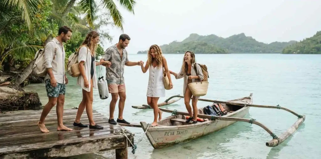 Friends boarding a boat between tropical islands