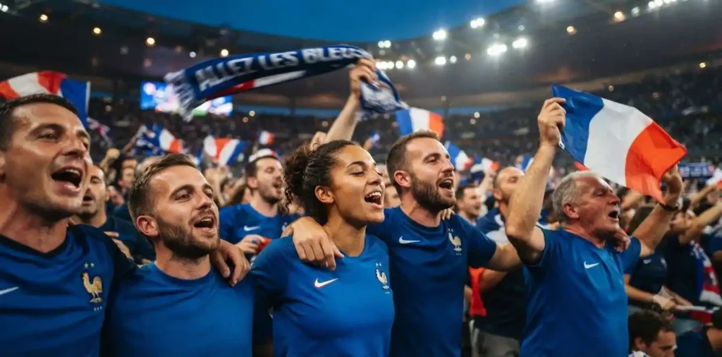 Friends celebrating in blue football jerseys