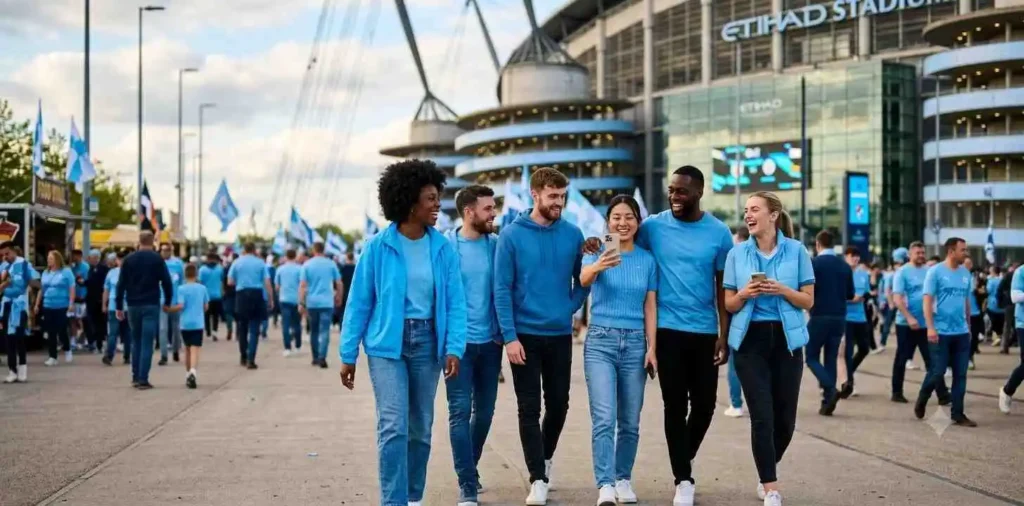 Football supporters celebrating outside a stadium together