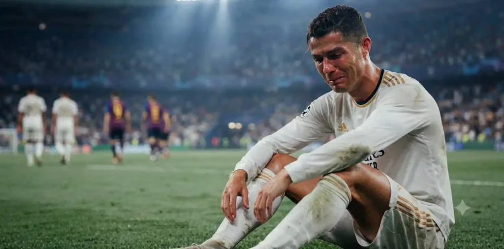 Football player sitting after a difficult defeat