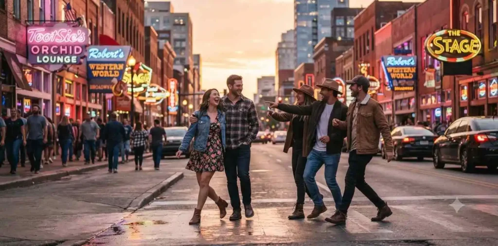 Friends walking through downtown Nashville at sunset