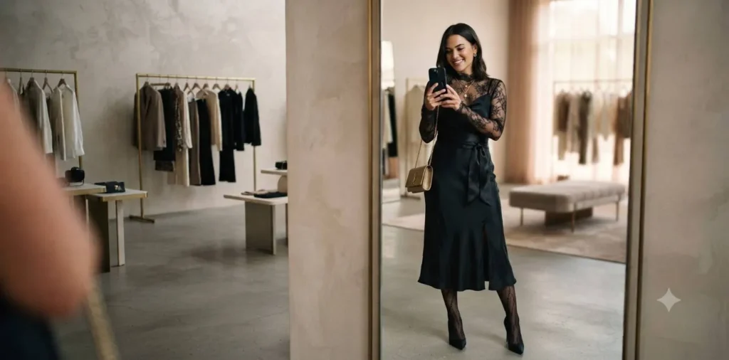 Woman taking mirror selfie in a bright dressing room