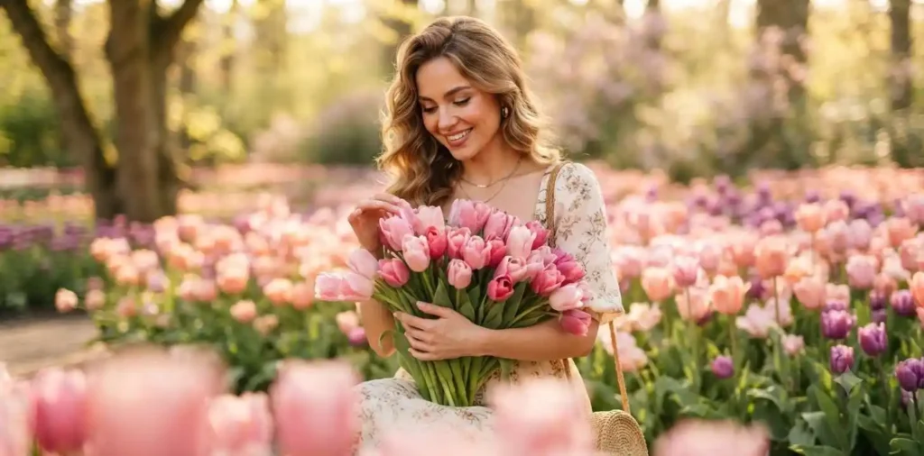 Woman admiring blooming pink tulips in spring