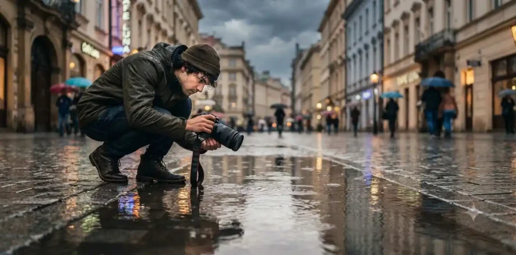 Photographer capturing reflections after rain