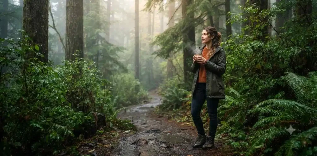 Woman admiring misty forest after rainfall