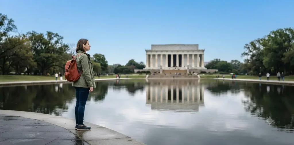 Traveler beside the calm Reflection Pool