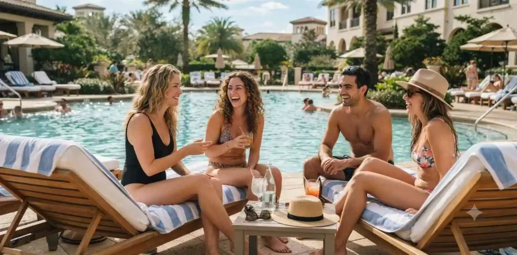 Friends relaxing beside a resort pool