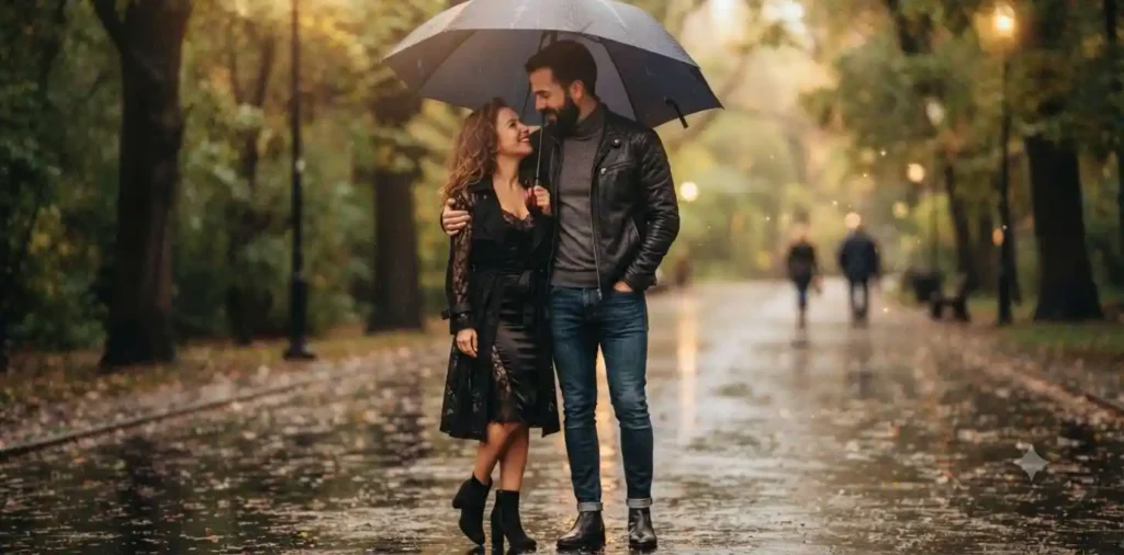 Couple sharing umbrella in gentle rain