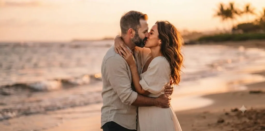 Married couple kissing embracing at sunset