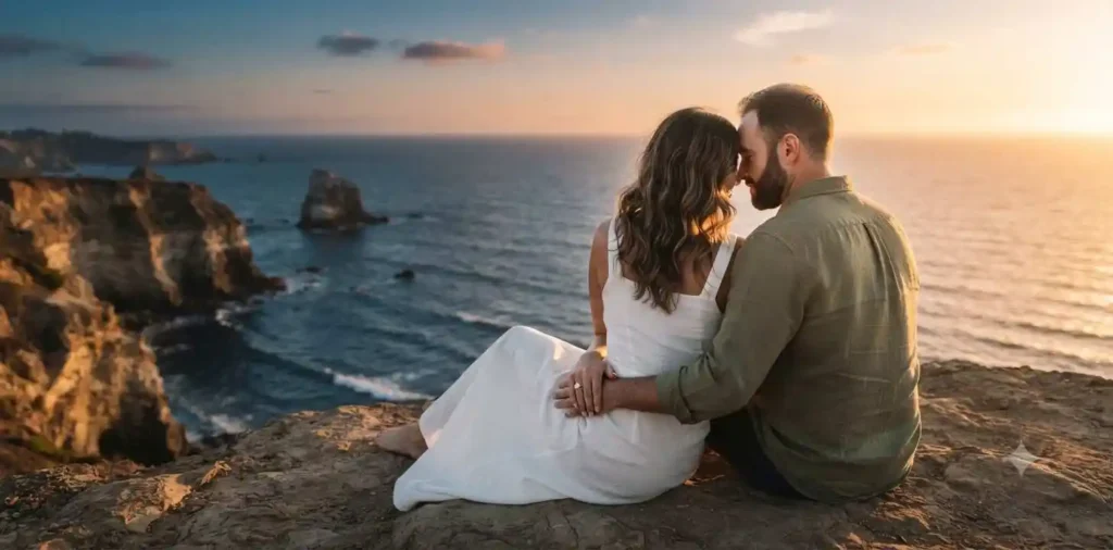 Couple watching sunset from scenic overlook