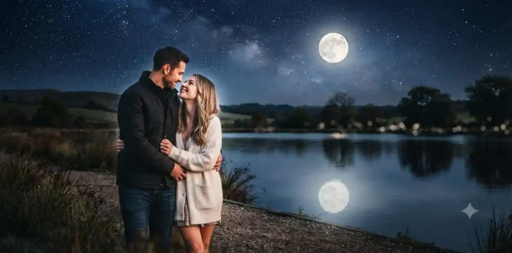 Couple holding hands beneath the full moon