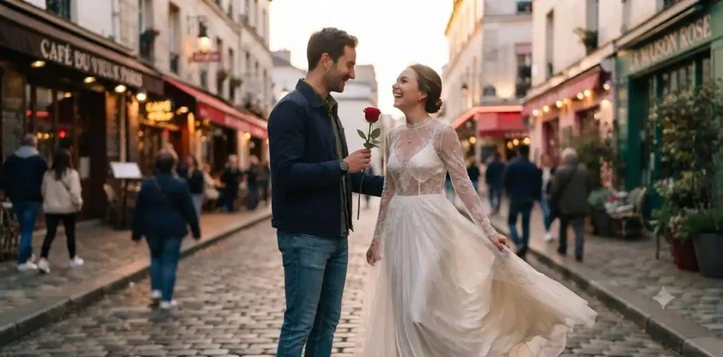 Couple exchanging a single red rose