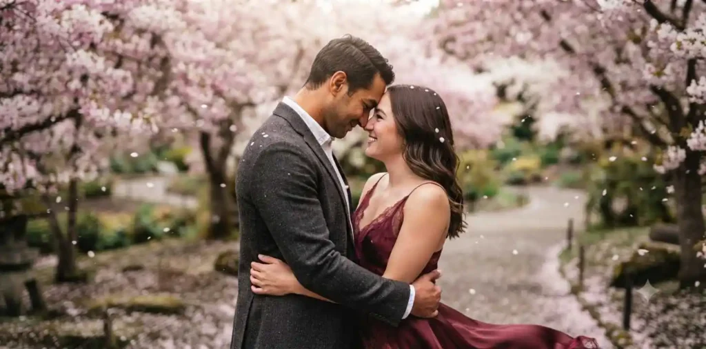 Couple embracing beneath blooming cherry blossom trees