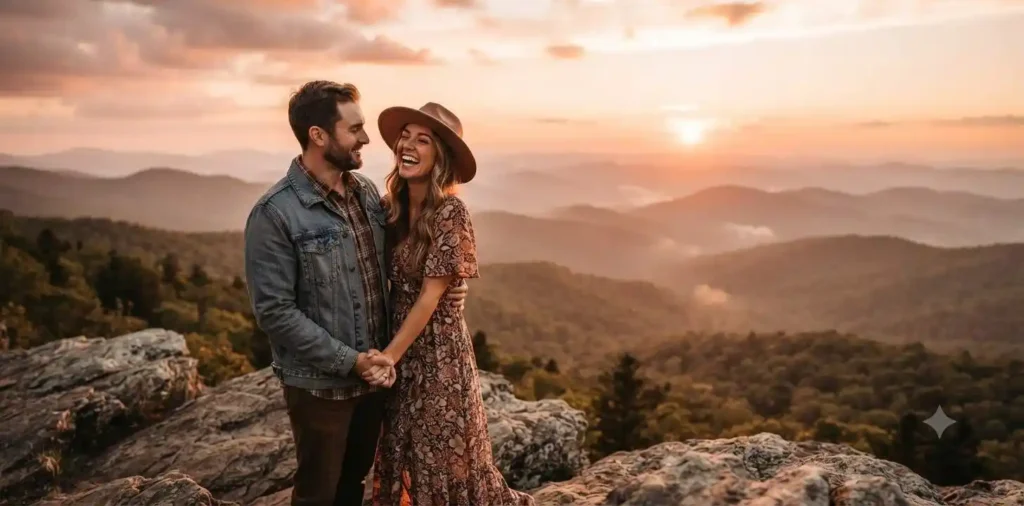 Couple watching sunset from a Tennessee mountain overlook