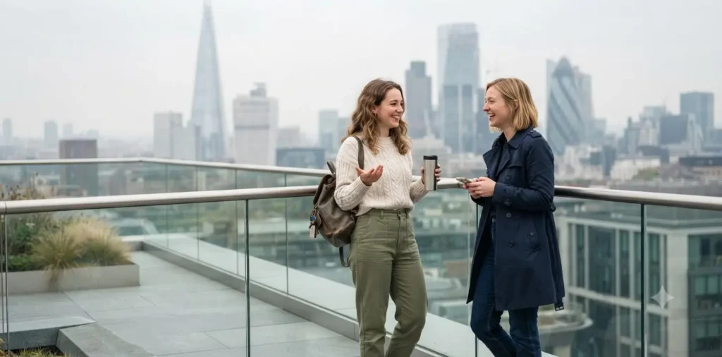 Friends enjoying rooftop city views together