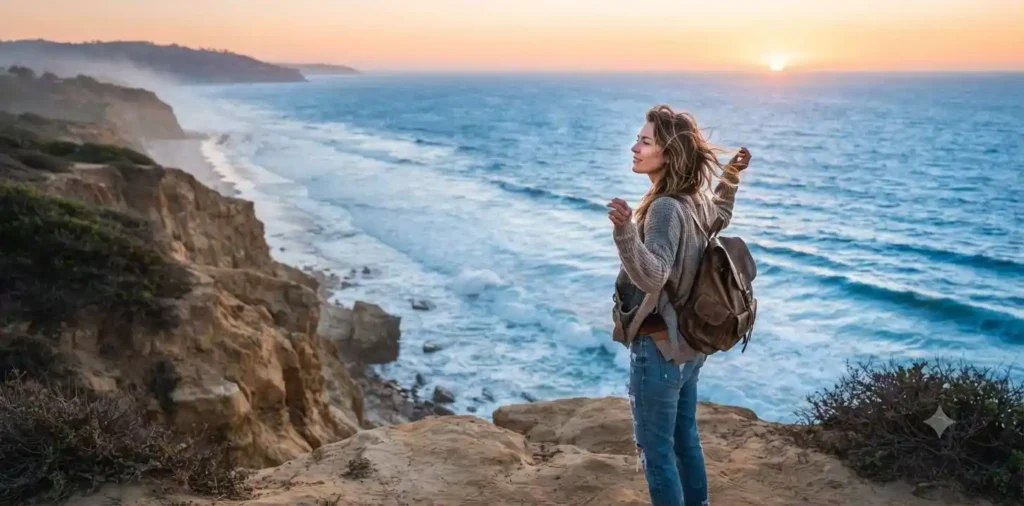 Traveler enjoying ocean cliffs at sunrise