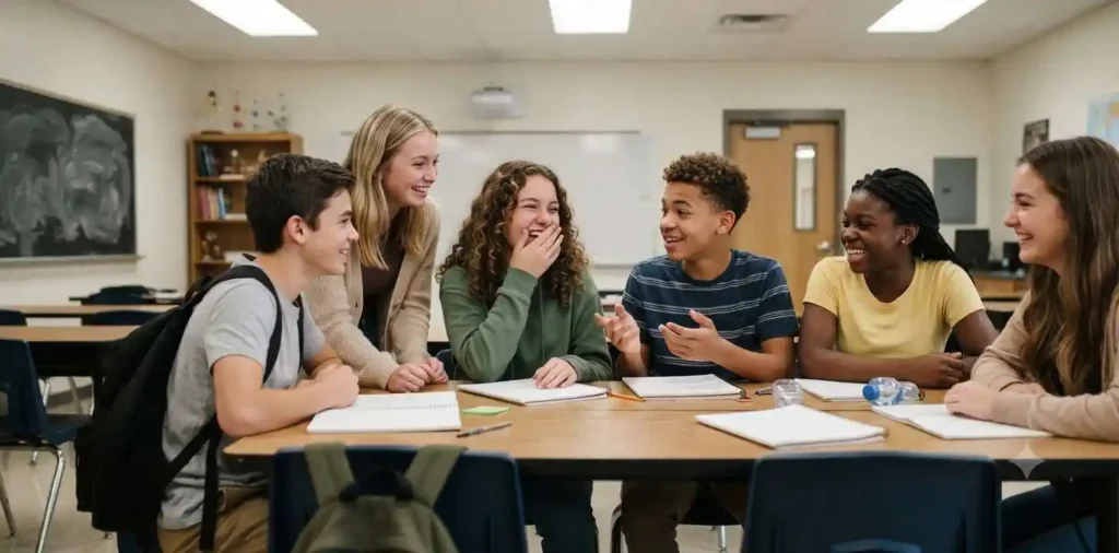 School friends laughing inside a classroom