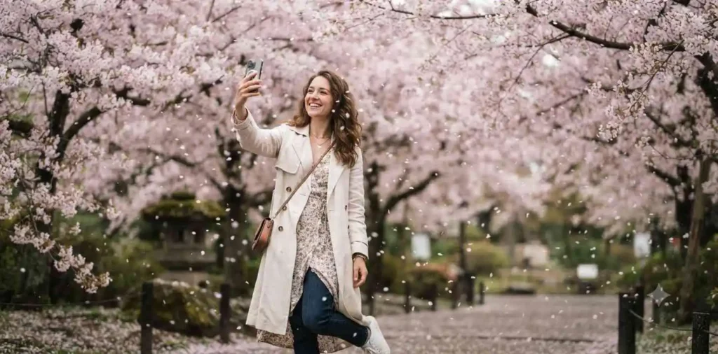 Woman taking selfie under blooming cherry blossom trees