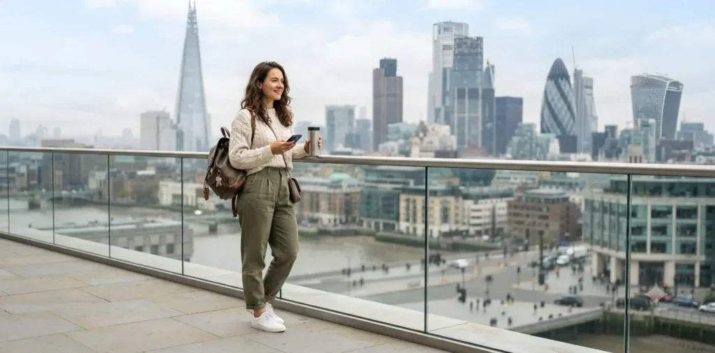 Traveler admiring a glowing city skyline