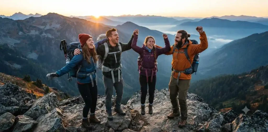 Friends hiking toward a scenic mountain viewpoint