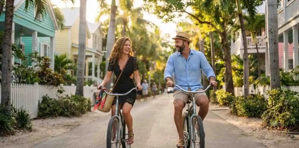 Couple cycling along a tropical street