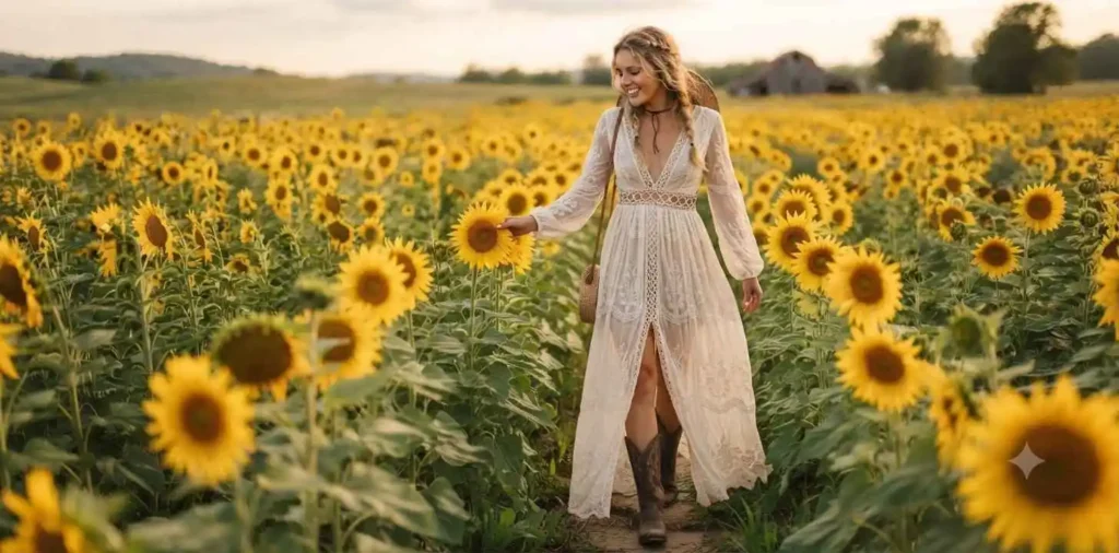 Woman walking through a sunflower field