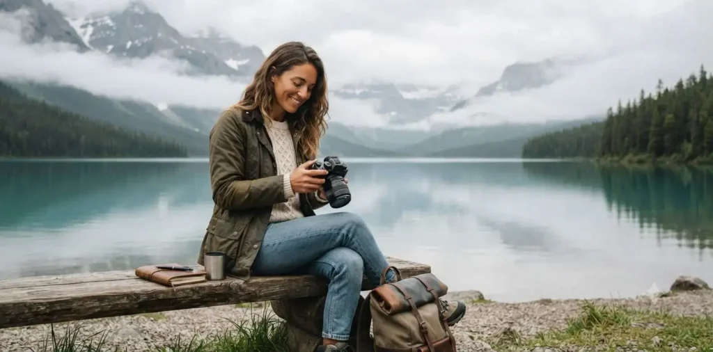 Traveler reflecting beside a peaceful mountain lake