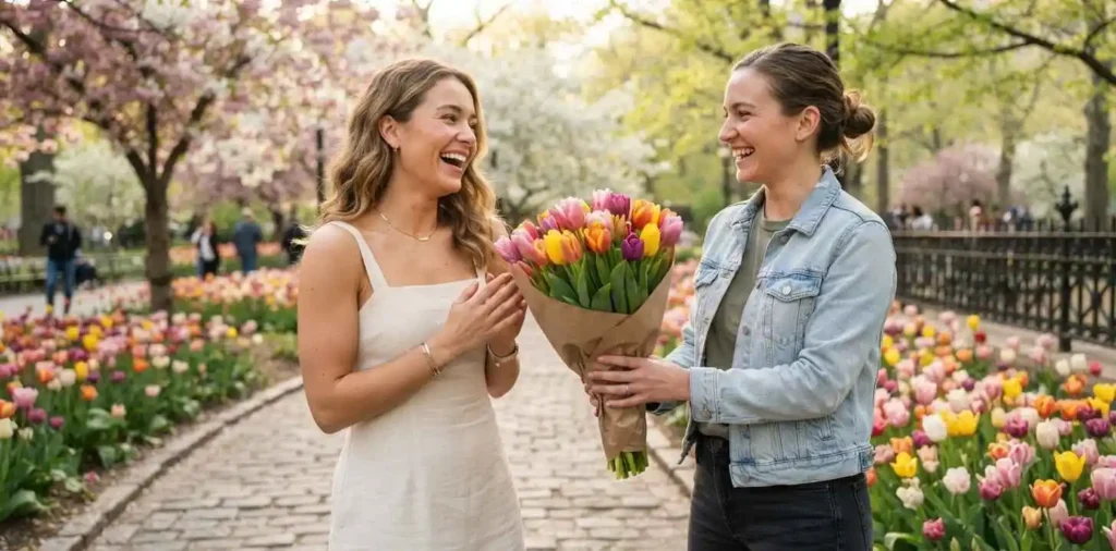 Woman holding a colorful tulip bouquet outdoors